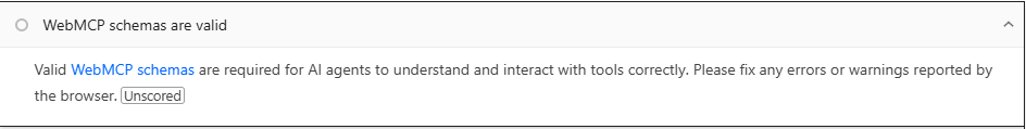 Screenshot from WebMCP schemas are valid Measurement in Page Speed Insights