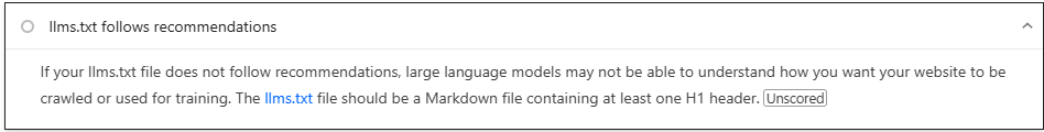 Screenshot from llms.txt follows recommendations Measurement in Page Speed Insights