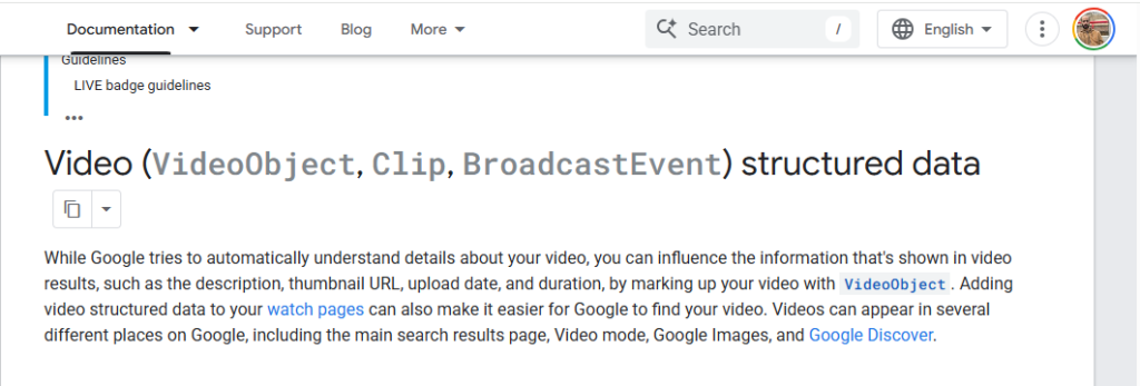 Screenshot from Google Search Central highlighting the importance of Adding VideoObject Schema to a WebPage.