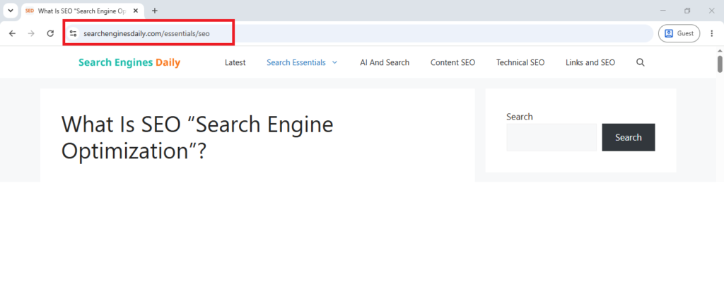 Screenshot from Search Engines Daily' Guide about What Is SEO' URL, Where Keyword SEO is included in the URL