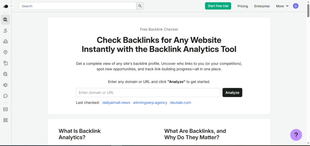 Screenshot From Semrush Free Backlinks Analysis Tool