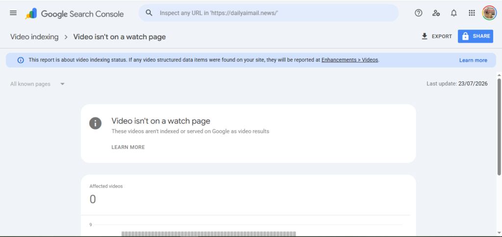 Screenshot From Video is not on a watch page error from Google Search Console Page Indexing Report.